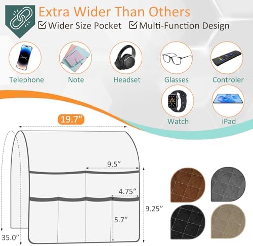 Remote Control Holder for Recliner Non-Slip Armchair Caddy Couch Armrest Organizer, Arm Chair Bedside Caddy Storage Organizer for Recliner Couch With 6 Pockets for Magazine, Phone, iPad (Brown) - Image 2