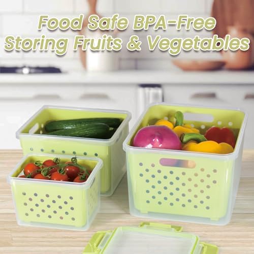Set of 3 Fruit Storage Containers for Fridge with Removable Colander and Handle Lid, 4.6qt|2.5qt|1qt Dishwasher Microwave Safe, Keep Berry Fresh Longer (Light Green) - Image 2