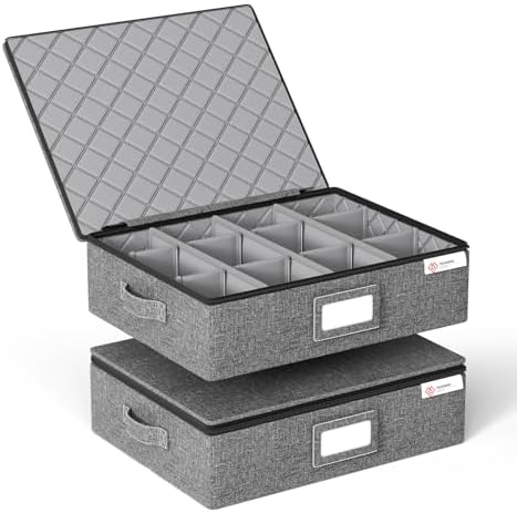 YearningHome Cup and Mug Storage Box 2 Pack with Hard Shell and Dividers for Coffee Mugs,Tea Cups and Glasses,Stackable Storage Organizers with Lid,Handles,Zips and Label for Moving,Holds 24, Grey by YEARNINGHOME