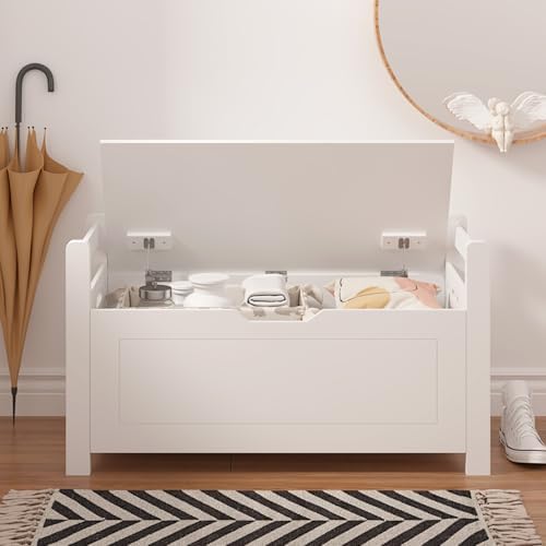 Storage Chest, Storage Bench with Cushion Seat, Toy Chest, Wooden Toy Box with 2 Safety Hinges, Shoe Bench, for Entryway, Living Room, Bedroom, White - Image 3