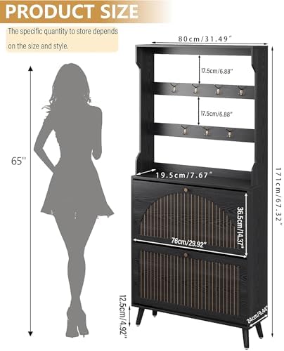 Fsbecl Shoe Storage Cabinet with 2 Fluted Flip Drawers & Coat Rack, Black - Image 2