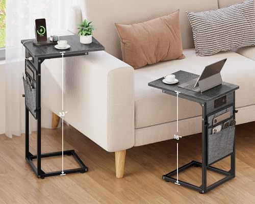 Vagusicc C Shaped End Table with Charging Station, C Table End Table Adjustable Height, Small Side Table for Couch, Sofa Table Slide Under Couch TV Tray Arm Table for Living Room, Bedroom, Gray Walnut - Image 3