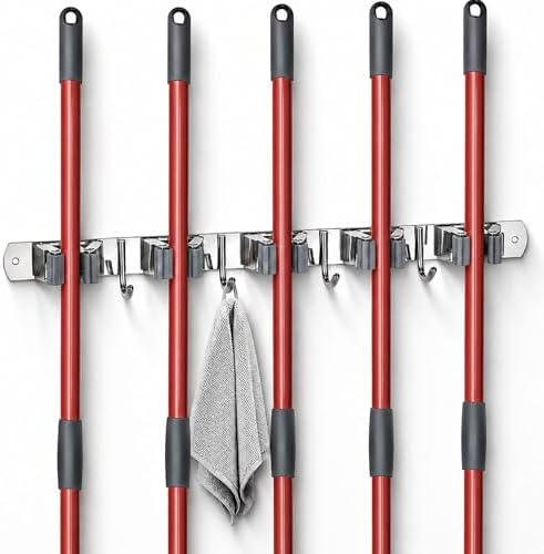 voze 5 Racks and 4 Hooks Mop and Broom Holder Wall Mount, Self Adhesive Heavy Duty Broom Hanger Organizer Storage Tool Racks for Kitchen Garden Laundry Garage by voze