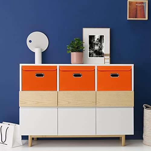 STOREONE Fabric Storage Cube Bins Foldable Organizer Container Collapsible Basket with Lids and Metal Handles, for Home, Bedroom, Closet 3 Pcs (Orange) - Image 5