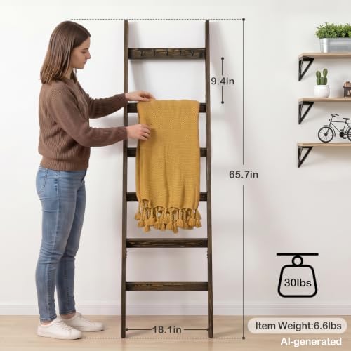 TEAKMAMA 6-Tier 5.4ft Blanket Ladder with Hooks Farmhouse Rustic Brown - Image 3