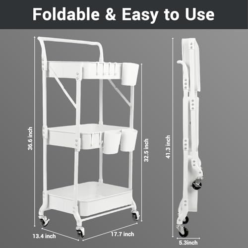 Amatic 3 Tier Folding Rolling Utility Cart with Wheels, Metal Foldable Storage Cart Organizer with 3 Hanging Cups & 6 Hooks for Kitchen, Office, Living Room, Nursery(White) - Image 2