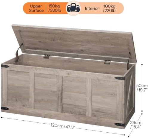 HOOBRO 47.2”Storage Bench Large, Toy Box with 2 Safety Hinges, Farmhouse Wooden Storage Chest, Easy Assembly for Bedroom, Living Room, Entryway, Greige BG520CW01G1 - Image 3