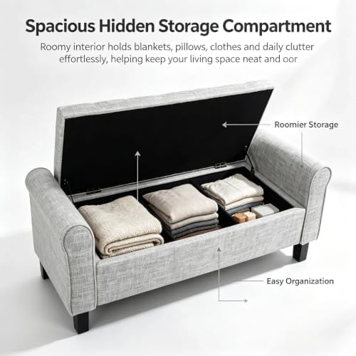 51 Inch Light Gray Linen Storage Ottoman Bench with Rolled Armrests - Image 3