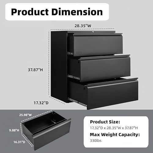 Approgreent Lateral 3 Drawer File Cabient with Lock, Metal Filing Cabinets for Home Office, Heavty Duty Office Storage Cabinet for A4/Letter/Legal (Matte Black) - Image 2