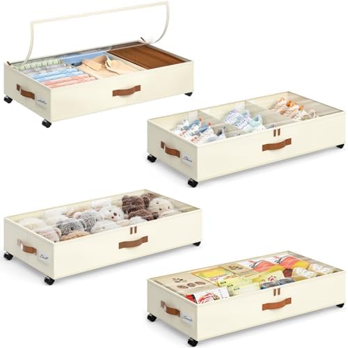 Yecaye Under Bed Storage with Wheels, 4 Pack Under Bed Storage Containers with Adjustable Dividers & Clear Window, Rolling Underbed Organizer Bins Drawers for Clothes, Shoes, Blankets, Beige by Yecaye