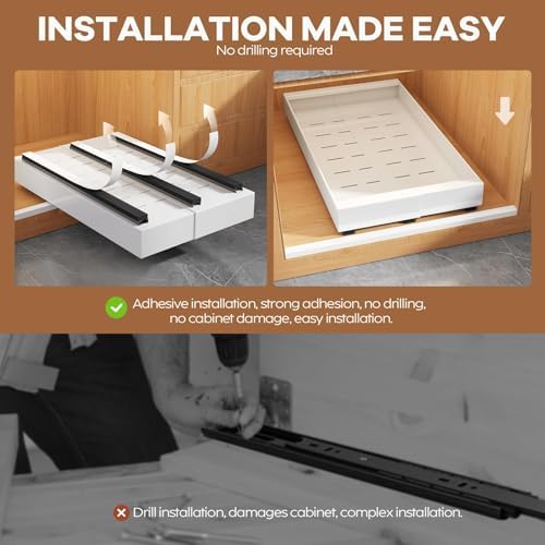 Seinloes 4 Pack Expandable (9"-14") Pull Out Cabinet Organizer 21" Deep With Raising Pad for Framed Cabinets,Upgrade 3 Slide Rails Slide Out Drawers,No Drill Roll Out Shelves Adhesive,White - Image 6