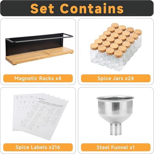 Bamboo Magnetic Spice Rack for Refrigerator, Space Saving Complete Set with 24 Bamboo Lid Glass Jars, 216 Waterproof Labels & Steel Funnel, Fridge Spice Organizer, 11.6" W x 2.4" D x 3.2" H - Image 2