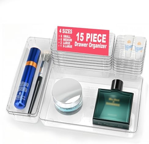 15 Pcs Clear Plastic Drawer Organizer, Makeup & Vanity Organizer by Comfylichi
