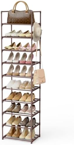 Tall 10 Tier Shoe Rack - 20-24 Pair Storage, Sturdy Metal Shoe Organizer with Hooks for Closet, Entryway, Brown by WEXCISEforTidyingHouse