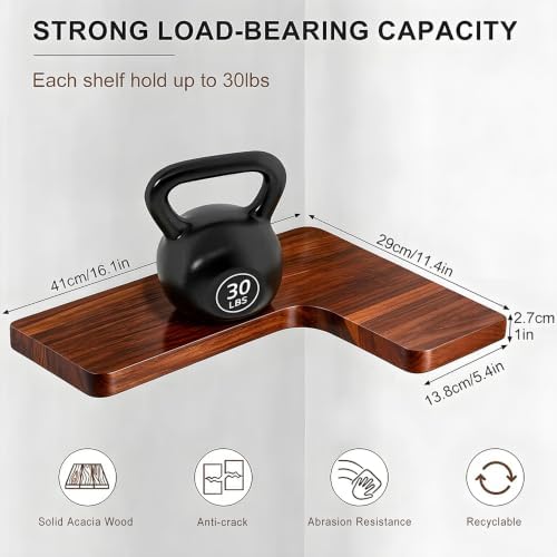 Floating Corner Shelves, Wall Shelf Set of 2, Shelves for Wall Storage, Solid Wood Shelves for Storage, Wall Mount Wooden Display Shelf for Bathroom Bedroom Kitchen Garage (Acacia 2pcs) - Image 3