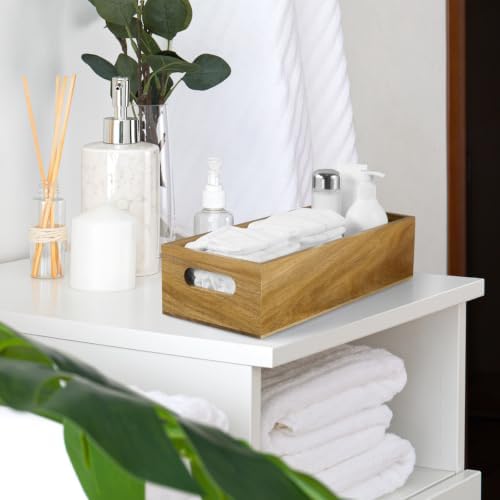 ALELION 15 Inch Acacia Wood Bathroom Storage Basket with Handles, Toilet Paper Basket for Back of Toilet Tank Top, Wooden Organizer Tray for Bathroom Countertop, Vanity, Kitchen, Pantry, Laundry Room - Image 7