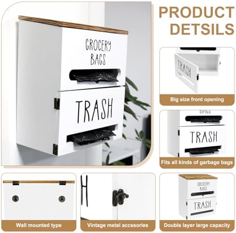2 in 1 Trash Bag Dispenser, Double Wall Mounted,Wood Trash Bag Holder, used in kitchen, garage, laundry room, can store Environmentally friendly food bags and garbage bags (White) - Image 3