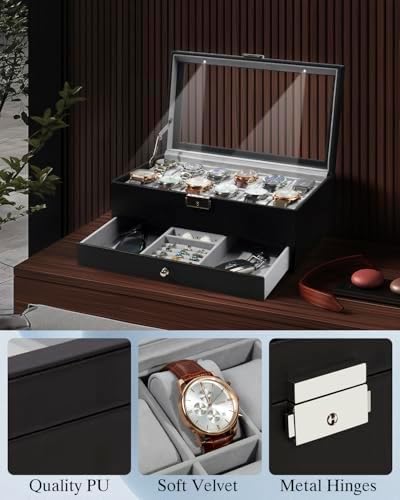 GUKA Watch Box 12 Slot Watch Display Organizer Leather Jewelry Case Drawer Glass Birthday for Men Women, Child Husband Dad GK-012BKGREY-LED-24 - Image 3