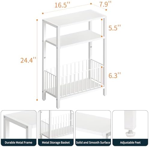 Narrow Side Table with Storage Basket Small End Table for Small Space,White - Image 3