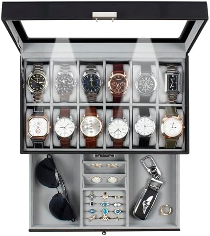 GUKA Watch Box 12 Slot Watch Display Organizer Leather Jewelry Case Drawer Glass Birthday for Men Women, Child Husband Dad GK-012BKGREY-LED-24 by GUKA
