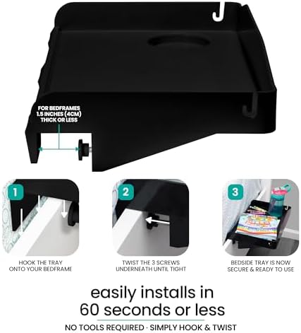 Modern Innovations 2 Count Bedside Organizer for Bed – Clip On Tray with Cup & Cord Holder – for College Dorm, Top Bunk, or Kids Bedroom (Black) - Image 3