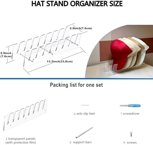 CARUUYI Hat Stand Organizer for Baseball Caps, Acrylic Hat Holder & Rack, 7PCS Clear Stand for 56 Caps, Ideal for Bedroom, Closet, Dresser, Office and Entrance - Image 4