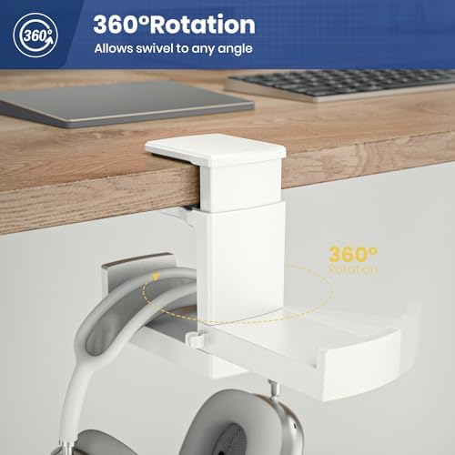 Dual Headphone Stand Holder - EURPMASK 2 in 1 PC Gaming Headset Hooks, 360 Degree Rotating Headphone Hanger with Adjustable Clamp & Cable Clip Organizer, Headset Mount Under Desk Earphone Clamp-White - Image 3