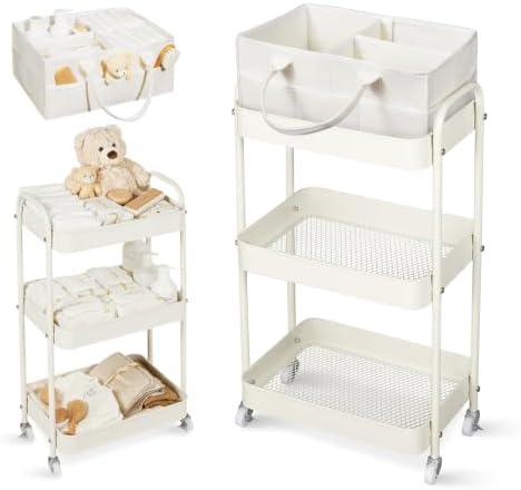 Fortella Baby Diaper Caddy, 3 Tier Rolling Cart for Baby Essentials, Beige by Fortella