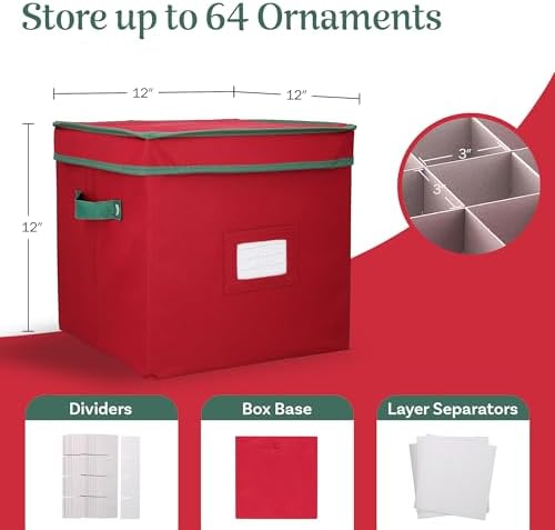 Elf Stor Christmas Ornament Storage Box, Red, 12” x 12” x 12” - Image 2