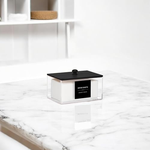 Dryer Sheet Holder with 30 waterproof Labels, Acrylic made tissue box holder with black bamboo lid, Acrylic Container Storage Box for Laundry Room Organization, Holds Sheets, Balls (Black) - Image 3