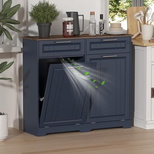 Double 10 Gallon Tilt Out Trash Can Cabinet with Deodorizing Function and Power Outlet, Wooden Hidden Garbage Can Holder with 2 Storage Drawers for Kitchen, Laundry Hamper Cabinet for Bathroom, Blue by JMHDYG