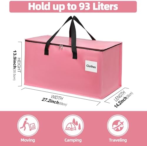 6 Pack Extra Large Heavy Duty Moving Bags with Reinforced Zipper & Wide Carrying Handles, Durable Storage Totes for Clothes Packing, College Dorm, Travel & Home Organization, Pink - Image 2