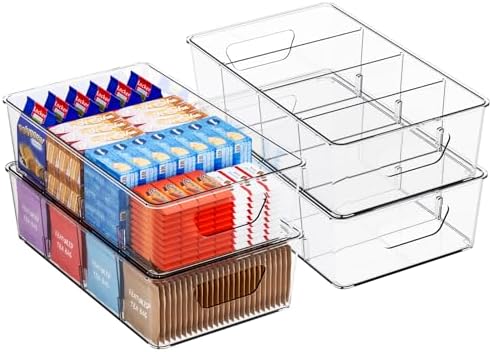 Stackable 4 Pack Snack Organizer for Pantry Shelf,Clear Pantry Organizers and Storage Bins for Fridge,Office,Cupboard,Plastic Pantry Snack Organizer For Breast Milk,Tea Bag,Food Storage Containers by Yieach