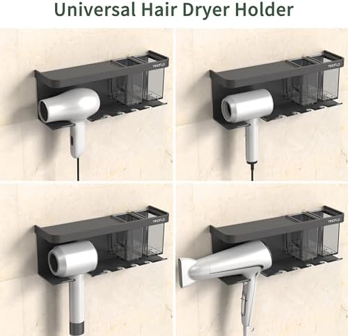 Hair Dryer Holder Wall Mounted Adhesive/Drilling, Hair Dryer Storage Organizer with Shelf & Hooks for Bathroom, Blow Dryer Holder, Hair Tool Organizer (Grey) - Image 2