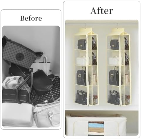 8 Grids in 1 Pack Hanging Purse Handbag Organizer with Double Zippers, Visible Purse Organizer for Closet, Fully Enclosed Purse Storage Holder-Beige - Image 4