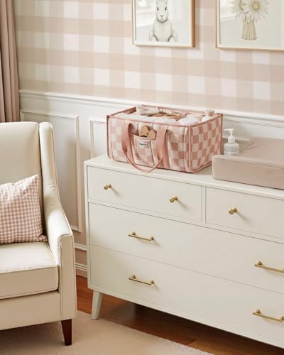 Blissful Diary Checkered Diaper Caddy Organizer, Storage Basket, Pink - Image 5