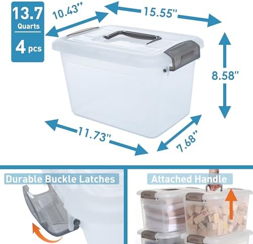 Citylife 4 Packs 13.7 QT Storage Bins with Lids Clear Plastic Bins with Grey Handle Stackable Storage Containers for Organizing - Image 2