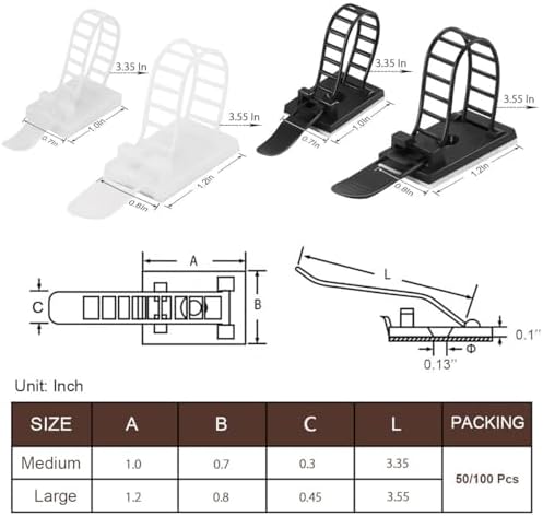 100Pcs Adhesive Cable Management Clips with 50Pcs Zip Ties, Adjustable Nylon Cable Strap Ties Wire Clips Clamps Organizer with Strong Adhesive Tape, Extra Screw & Hole - 3.55 Inch Black - Image 7