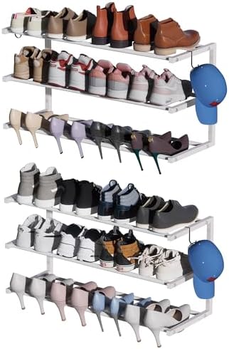 2 Pack Wall Mounted Shoe Rack, 3 Tier Hanging Shoe Rack Holds 24 Pairs, 17"-30"Adjustable Heavy Duty Metal Shoe Organizer Holder with 4 Storage Hooks, Space Saving for Closet Entryway Doorway（White) by HomeOrganizerandStorage