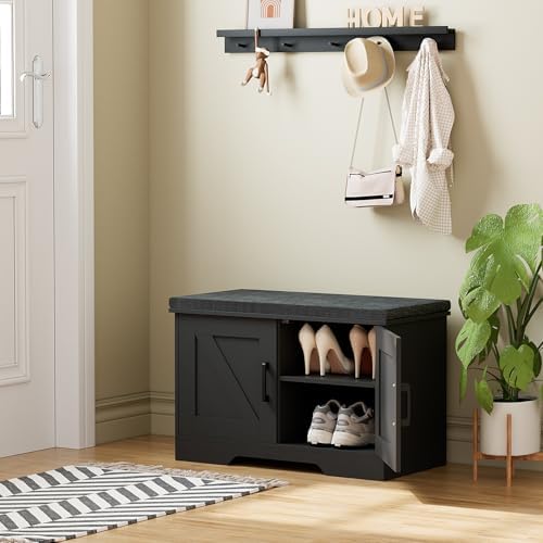 HOMSHO Farmhouse Shoe Storage Bench with 2 Barn Doors & Padded Seat Cushion - Image 2