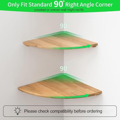 Corner Shelves, Floating Corner Shelf, Set of 2 16inch Solid Oak Wood Wall Shelves, Round End Wall Mount Display Shelf with Wire Hole for Bedroom Kitchen, Living Room (Oak, 16in 2P) - Image 2