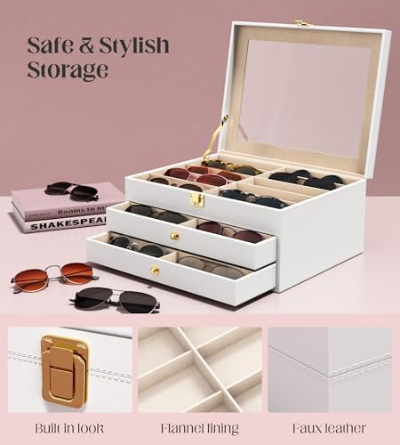Sunglasses Organizer Storage Box - 30 Slots Eyeglass Display Case for Multiple Pair Glasses, 3-Layer Holder with Clear Glass Lid, Jewelry and Watch Collection Box for Women and Men, White - Image 6