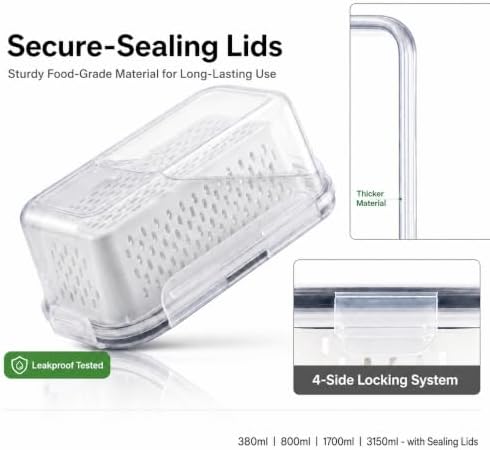 Fruit Storage Containers for Fridge with Lids, Fridge Organizers and Storage Produce Saver Box with Removable Drain Basket for Fruit Berry Salad Vegetable Meat, 380ml to 3150ml (4 Pack) - Image 6