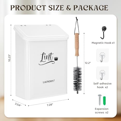Magnetic Lint Bin for Laundry Room with Brush & Hook - Large Laundry Organizer and Storage, Wall Mounted Trash Can with Lid, Space-Saving Dryer Lint Holder Laundry Room Decor, White - Image 4