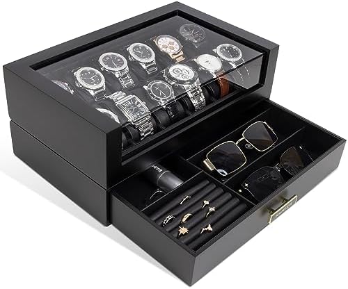 KAMIER High End Watch Box for Men, 12 Slot Wooden Watch Case With Drawer by KAMIER