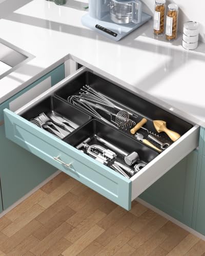 10 Pack Large Size Plastic Drawer Organizers Set, 3 Sizes Desk Drawer Organizer Trays, Storage Bins for Vanity, Makeup, Bathroom, Kitchen Utensils and Office (Black) - Image 6