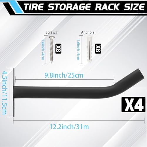 4 Pcs Tire Wall Hooks, Heavy Duty Garage Storage System, Strength Steel Tyre Rack for Car, SUV, Motorcycle Tires, Ladders & Chairs (12.2Inch) - Image 3