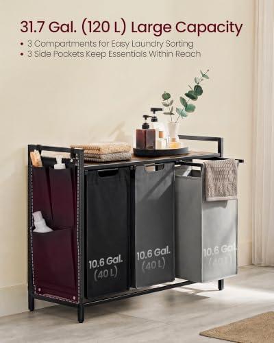 VASAGLE Laundry Hamper with Shelf, 3 Pull-Out Bags, 3 x 10.6 Gallons (40 L) - Image 3