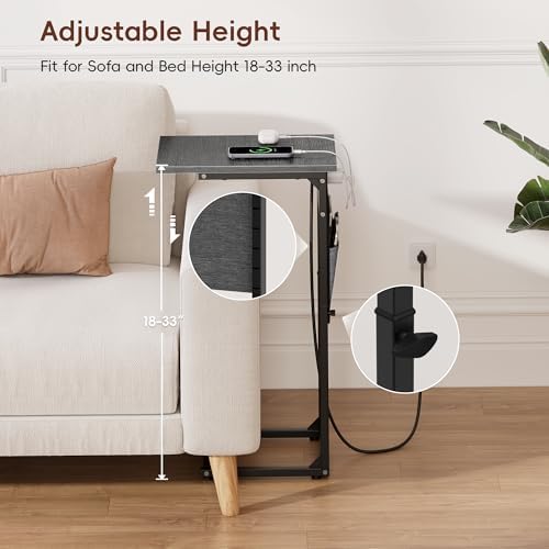 Vagusicc C Shaped End Table with Charging Station, C Table End Table Adjustable Height, Small Side Table for Couch, Sofa Table Slide Under Couch TV Tray Arm Table for Living Room, Bedroom, Gray Walnut - Image 4