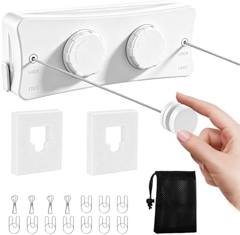 Retractable Clothesline Indoor & Outdoor, 16.7 Ft Non-Sagging Double Clothes Line, Retracting Heavy Duty Clothes Drying Laundry Line, Wall Mounted Stainless Steel Line (White, Dual Line) by WelcometotheYimerlen